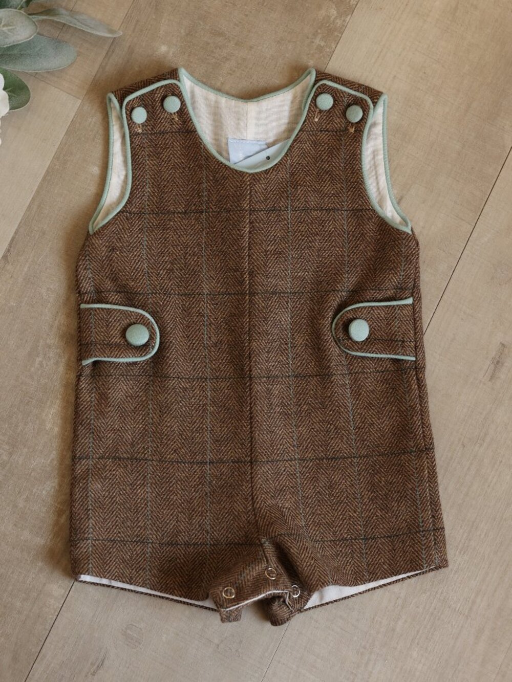 Baby Boy's Brown Herringbone Tweed Windowpane Button Tab Jon Jon Shortall NWT